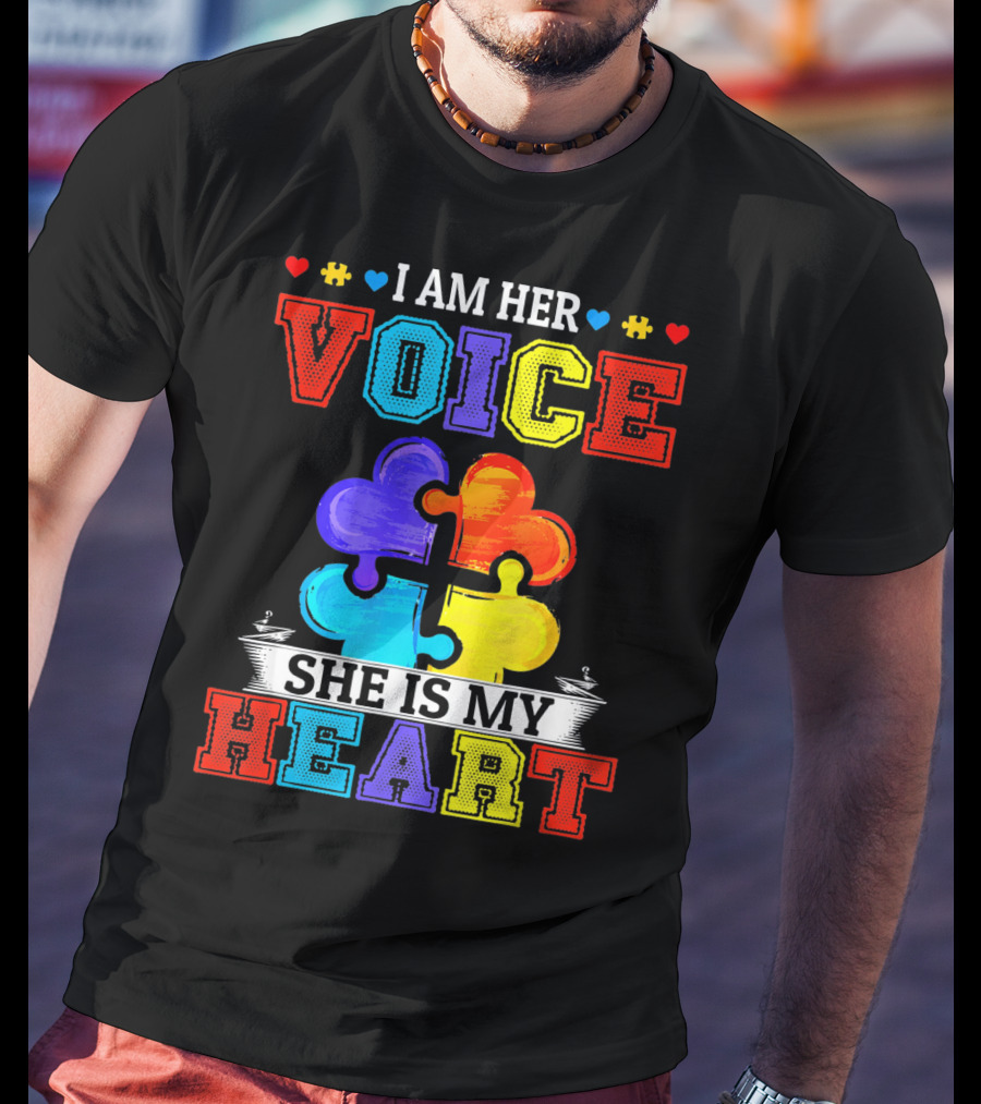 I Am Her Voice She Is My Heart Autism Puzzle Pieces T-Shirt
