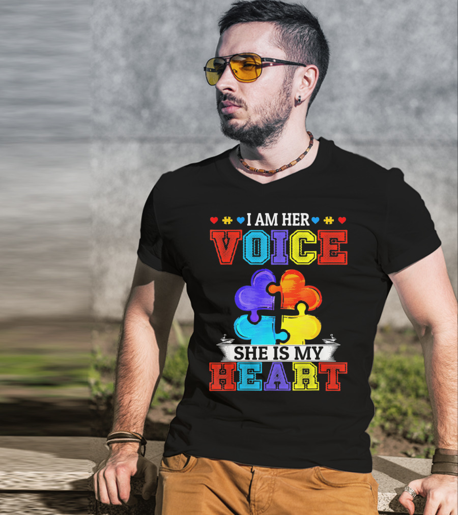 I Am Her Voice She Is My Heart Autism Puzzle Pieces T-Shirt