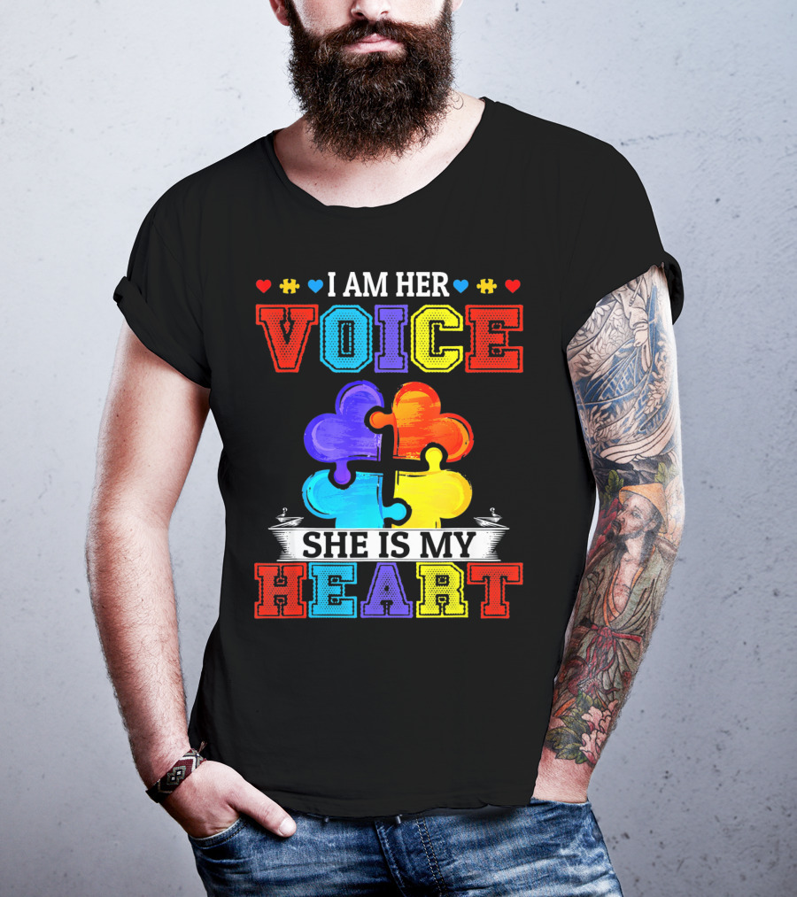I Am Her Voice She Is My Heart Autism Puzzle Pieces T-Shirt