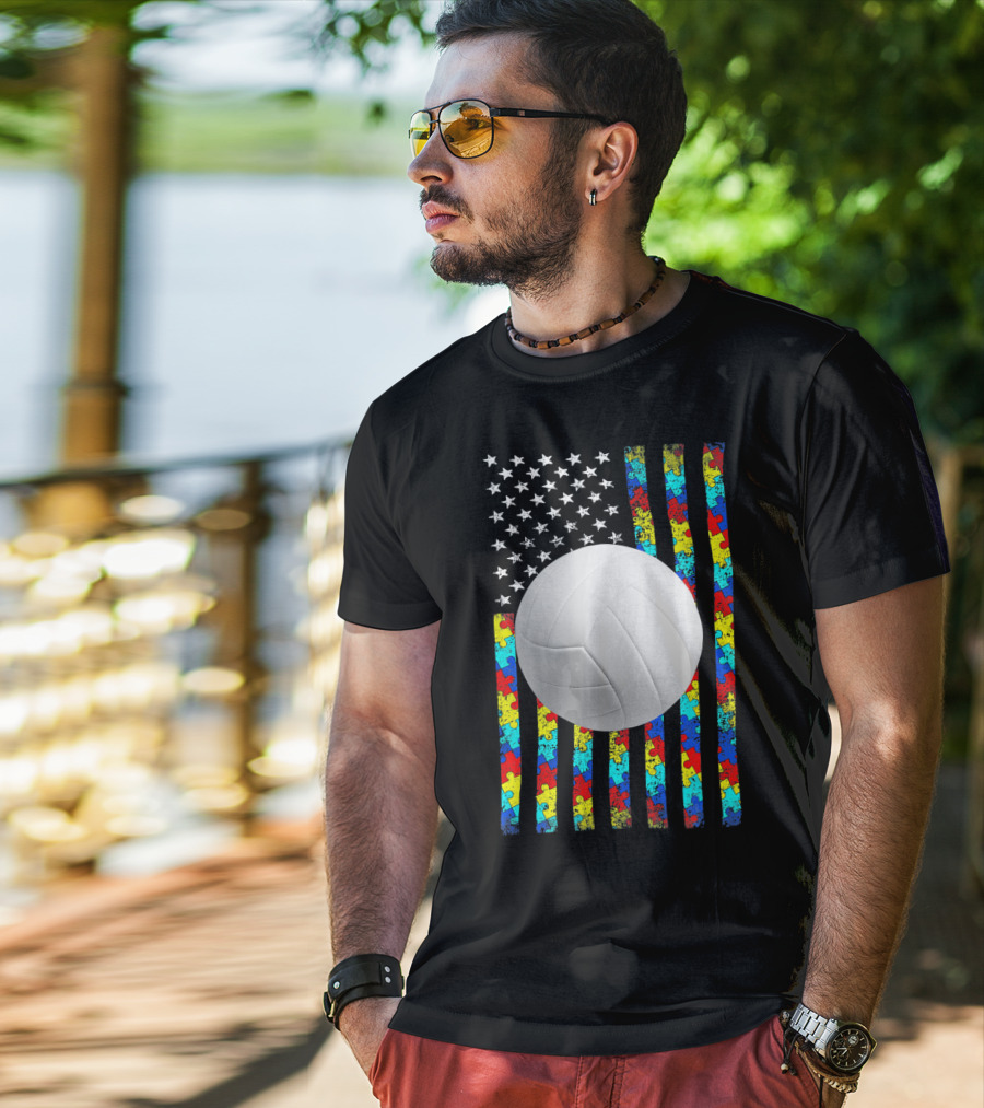 Autism Awareness Puzzle Flag Volleyball American Flag T-Shirt