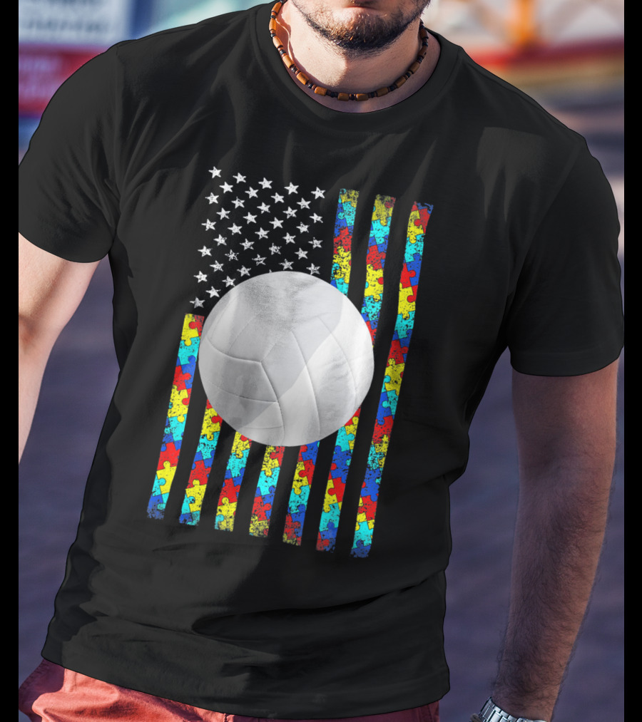 Autism Awareness Puzzle Flag Volleyball American Flag T-Shirt
