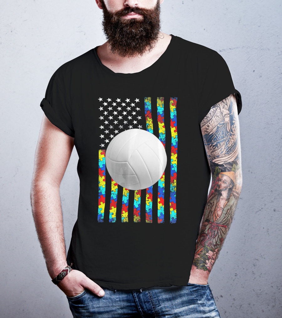 Autism Awareness Puzzle Flag Volleyball American Flag T-Shirt