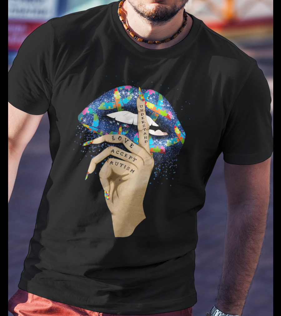 Love Understand Accept Autism Finger On Lips With Puzzle T-Shirt