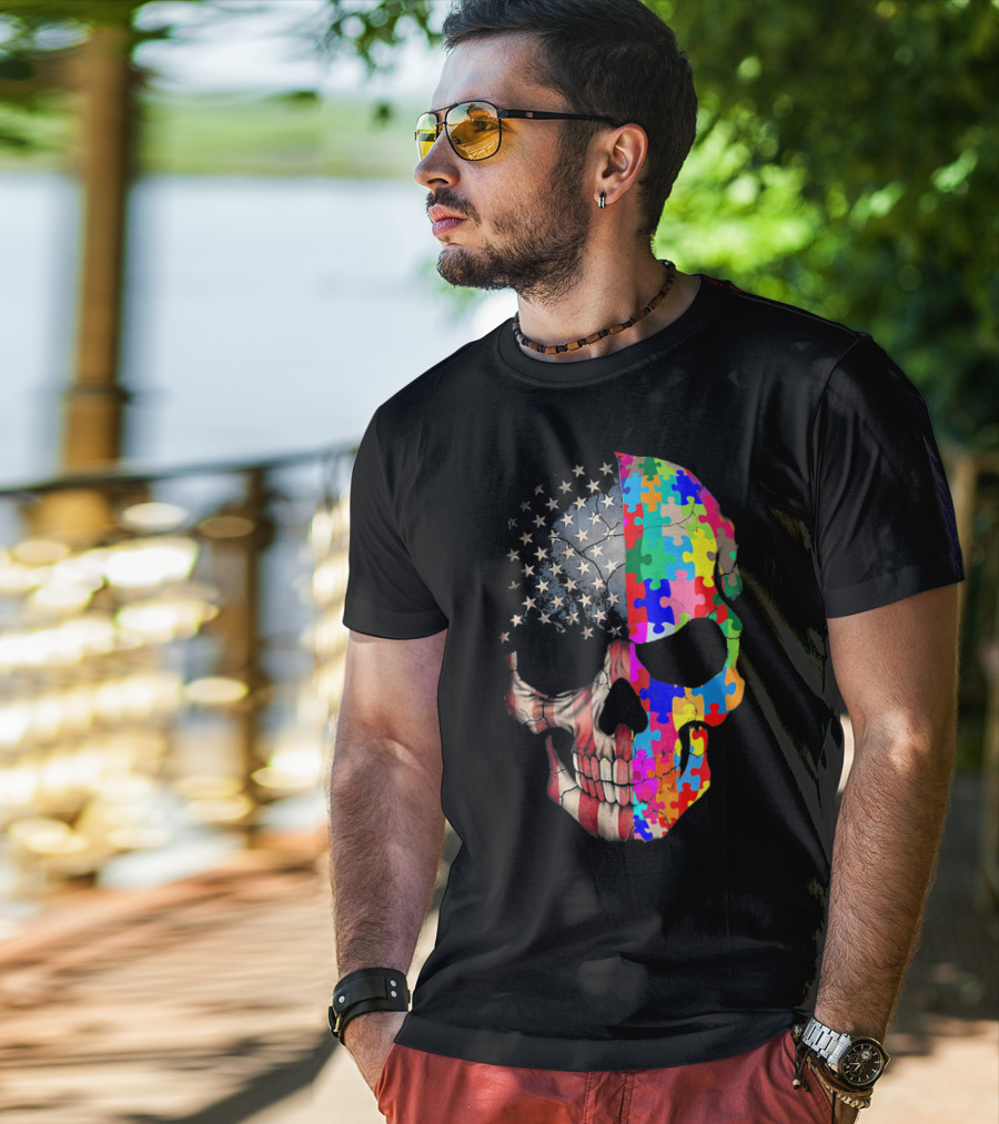 American Flag Autism Awareness Skull Puzzle Pieces Sku T-Shirt