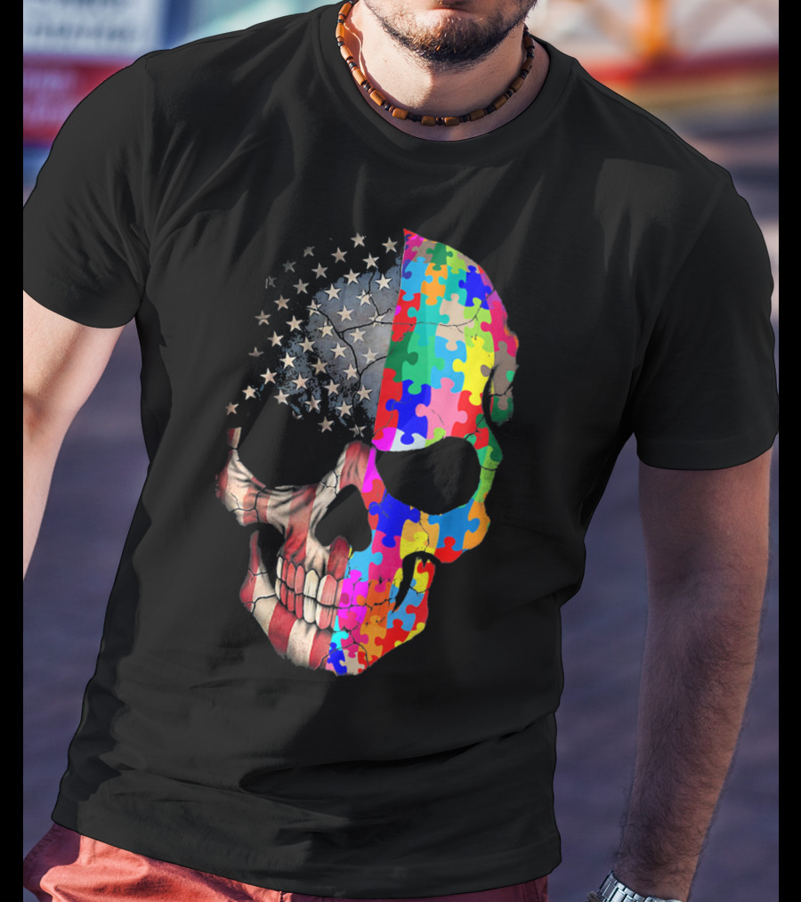 American Flag Autism Awareness Skull Puzzle Pieces Sku T-Shirt