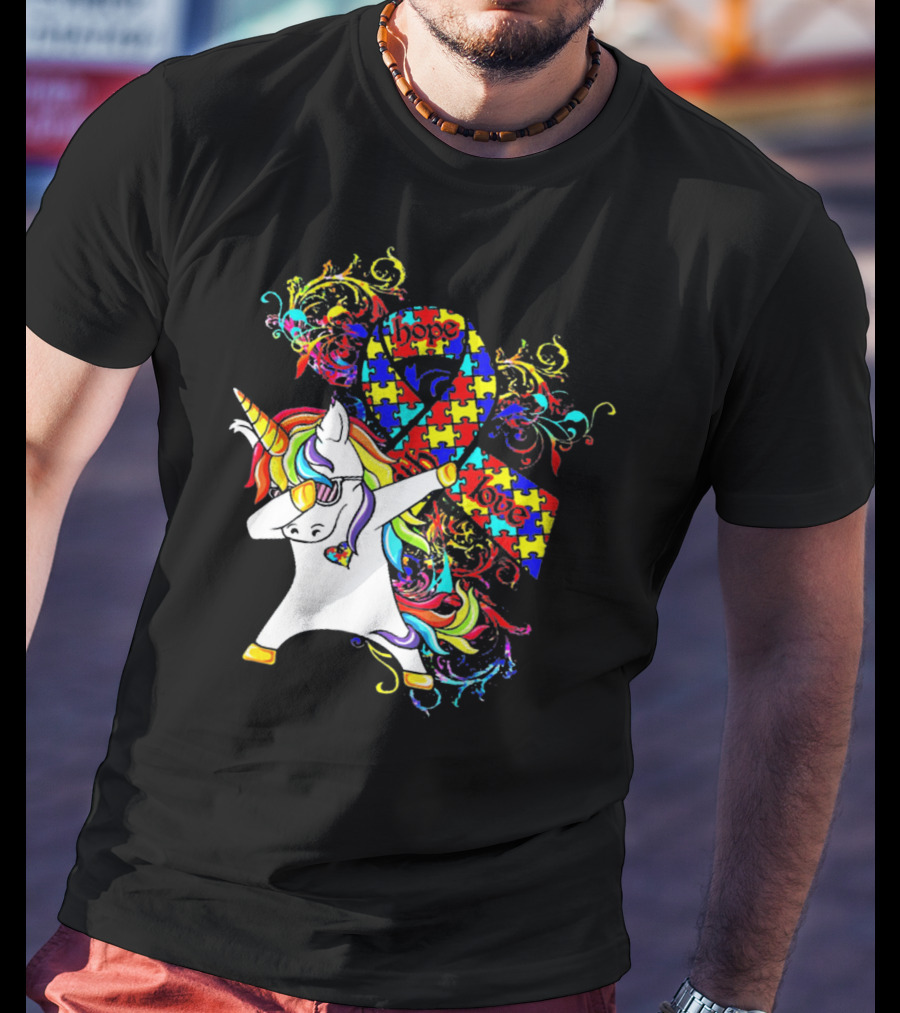 Unicorn Dabbing Hope Love Autism Awareness Puzzle T-Shirt