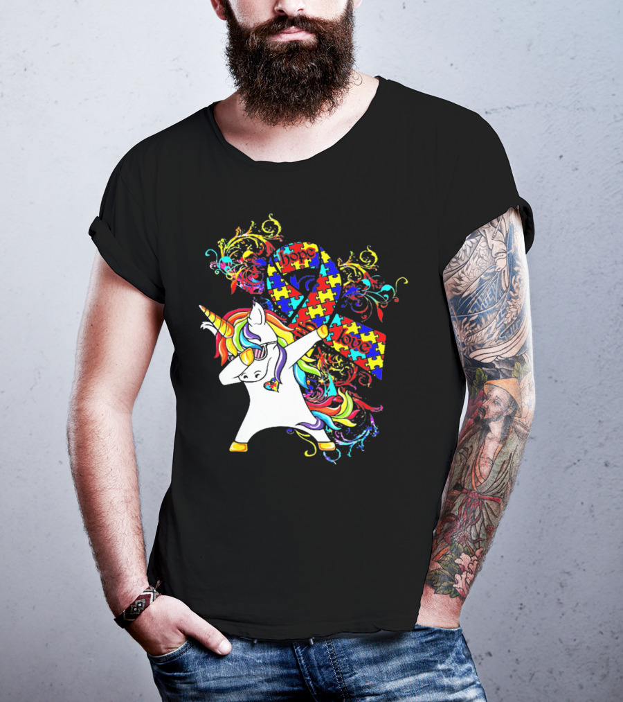 Unicorn Dabbing Hope Love Autism Awareness Puzzle T-Shirt
