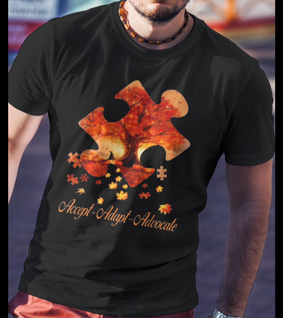 Accept Adapt Advocate Puzzle Autumn Leaves Autism Awareness T-Shirt