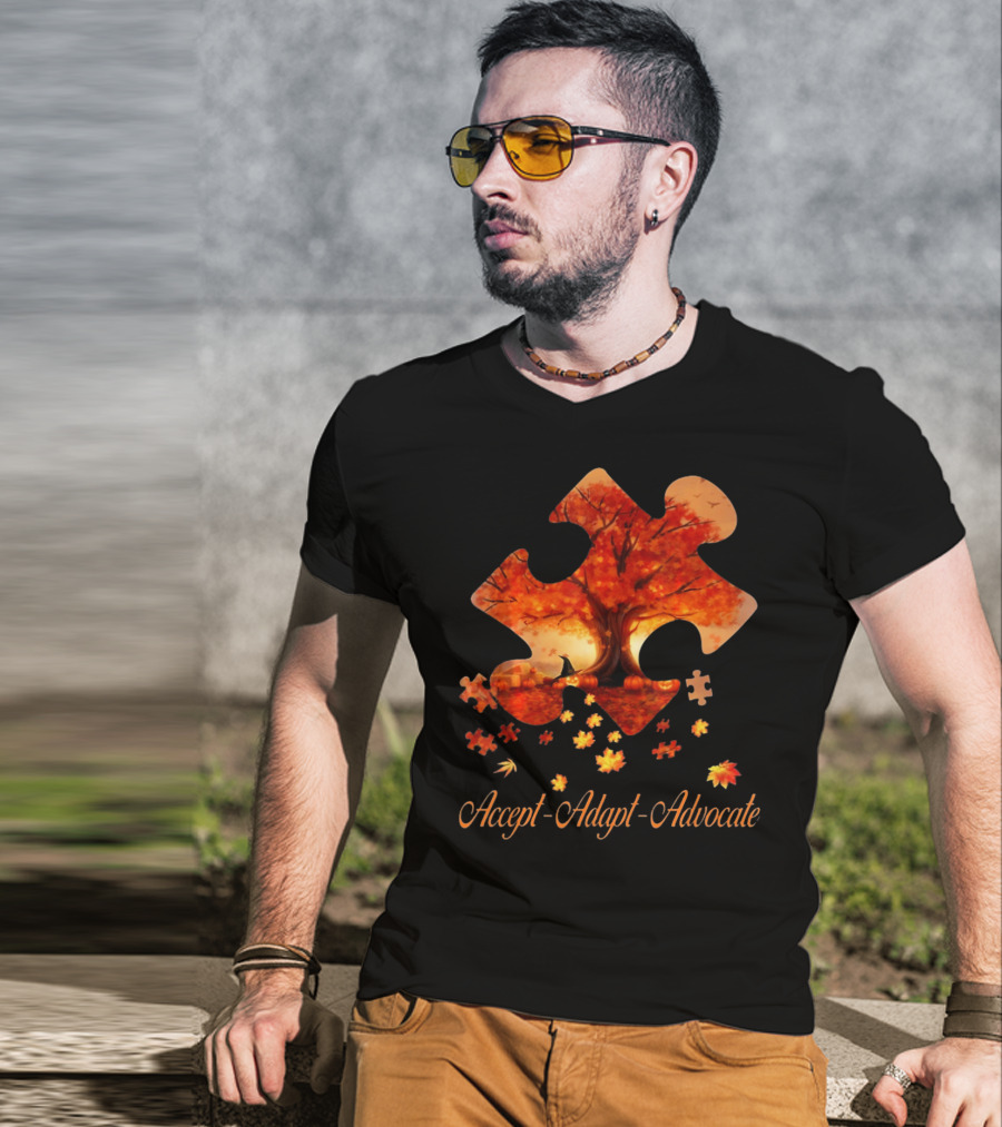 Accept Adapt Advocate Puzzle Autumn Leaves Autism Awareness T-Shirt