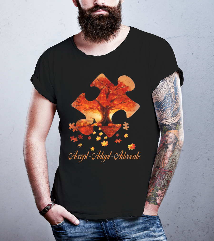 Accept Adapt Advocate Puzzle Autumn Leaves Autism Awareness T-Shirt