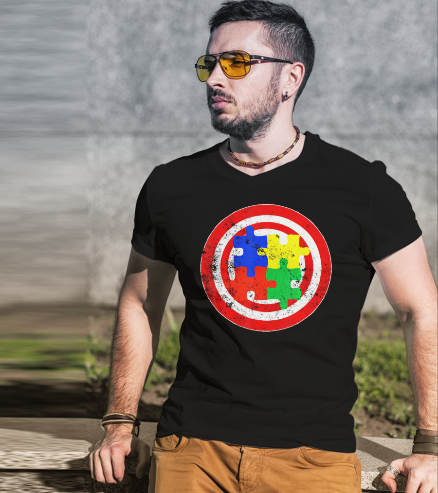 Autism Awareness Puzzle Shield Captain Autism T-Shirt