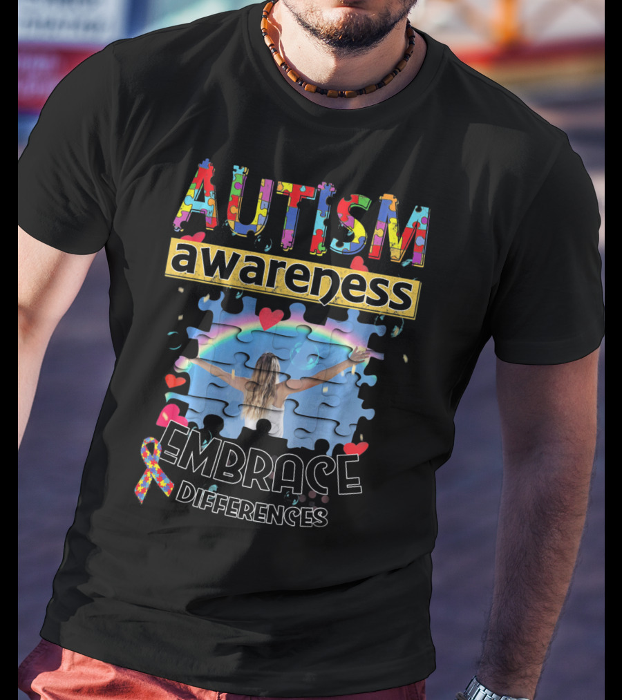 Autism Awareness Embrace Differences Puzzle Piece Rainbow T-Shirt