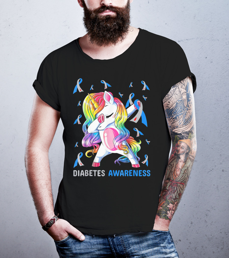 Diabetes Awareness Unicorn With Colorful Dabbing Pose And Ribbons T-Shirt