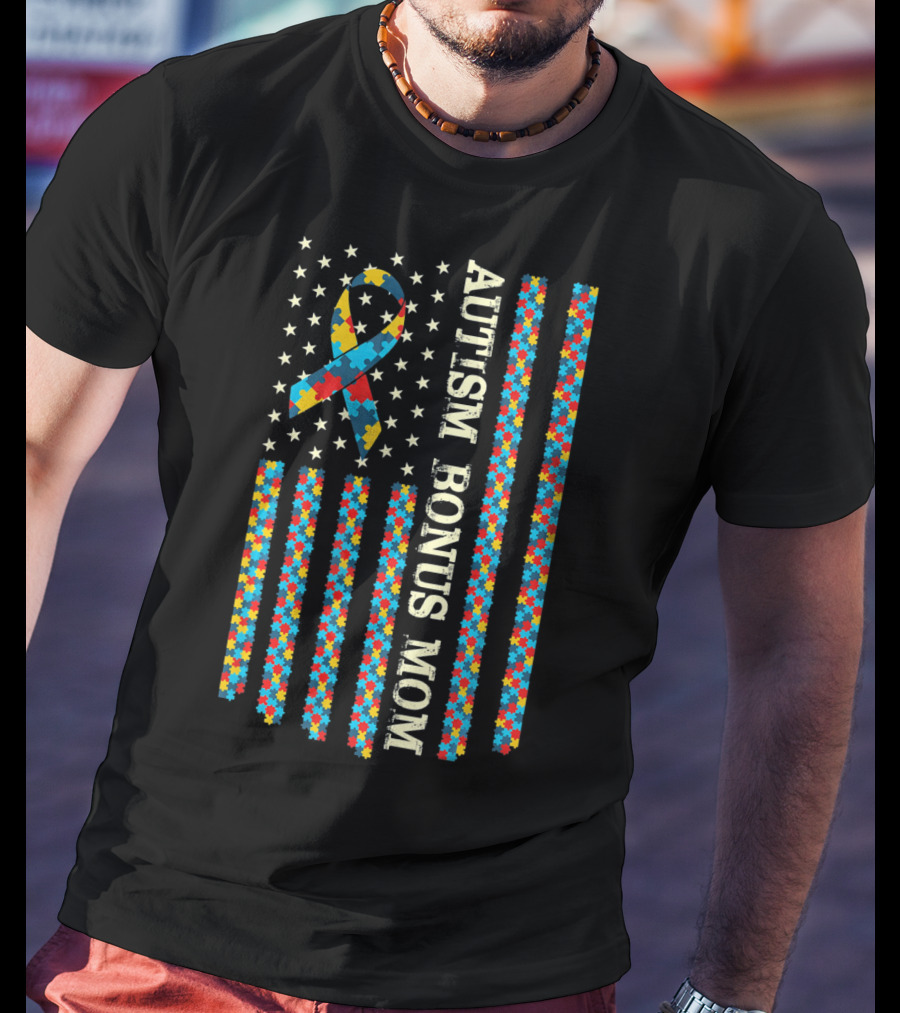 Autism Awareness Bonus Mom Puzzle Ribbon Flag T-Shirt