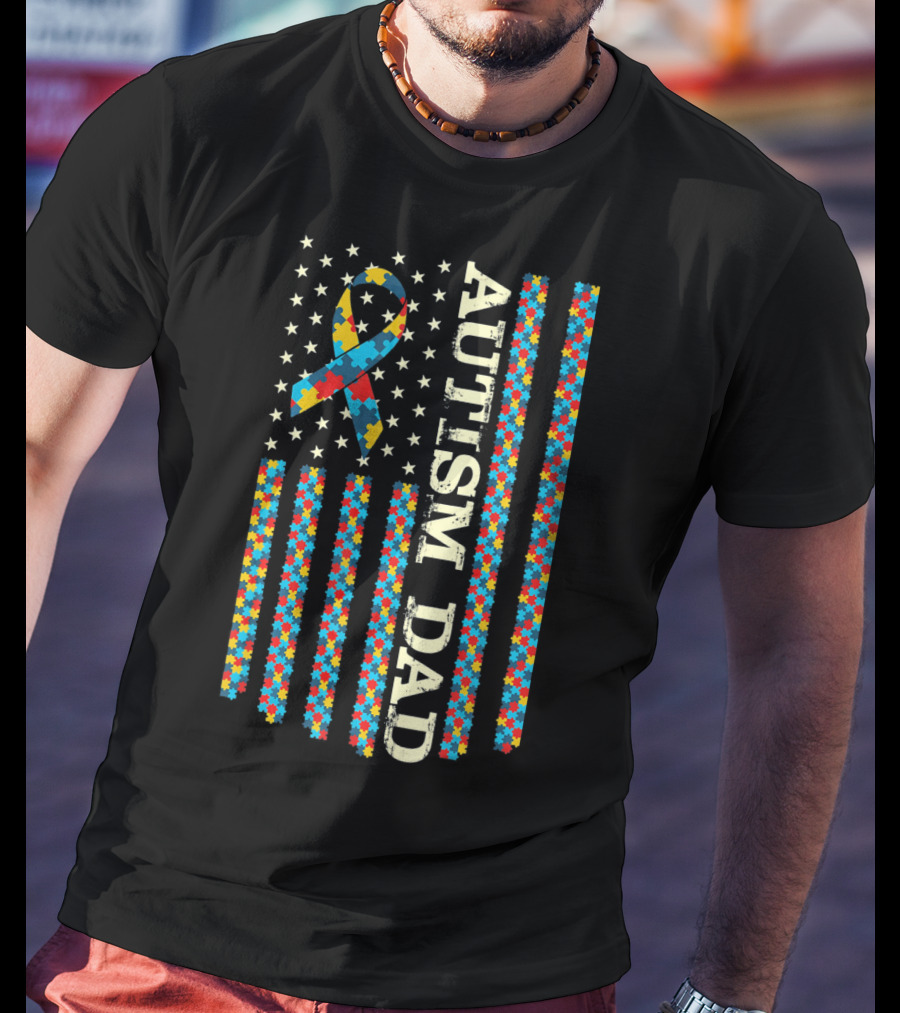 Autism Awareness Dad With Puzzle Ribbon And Flag T-Shirt