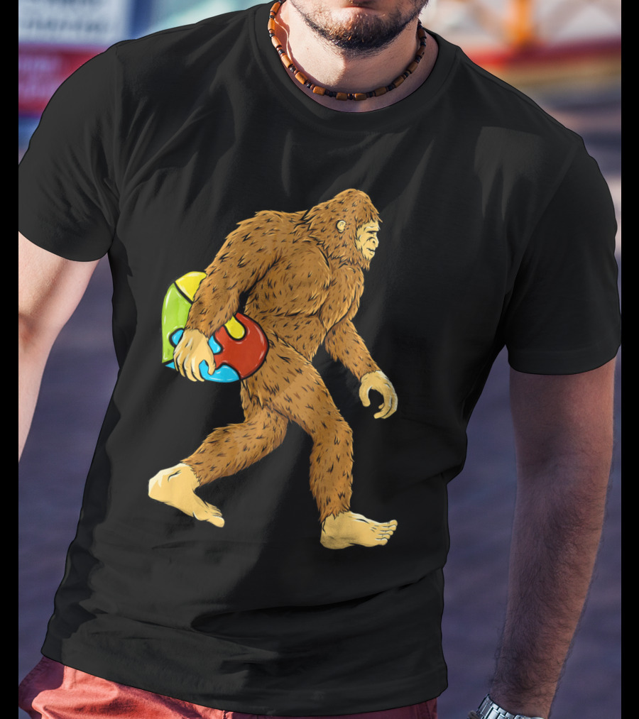 Autism Awareness Bigfoot Carrying Puzzle Heart T-Shirt