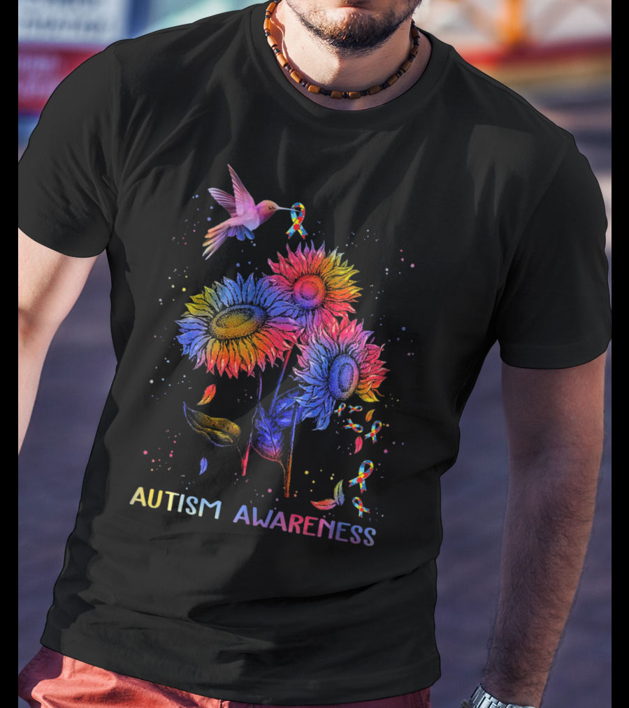 Autism Awareness Colorful Hummingbird And Sunflowers With Ribbons T-Shirt