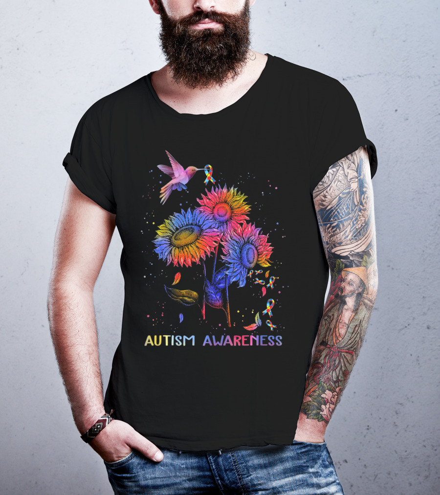 Autism Awareness Colorful Hummingbird And Sunflowers With Ribbons T-Shirt