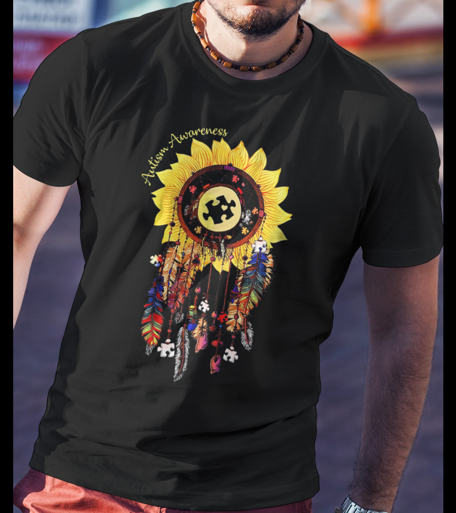 Autism Awareness Sunflower Puzzle Dreamcatcher Feathers T-Shirt