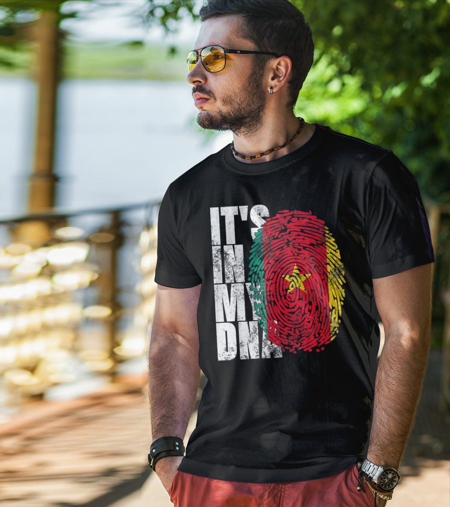 IT'S IN MY DNA Cameroonian Afro American Flag Fingerprint T-Shirt