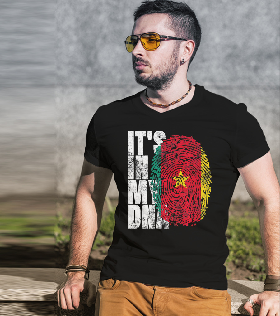 IT'S IN MY DNA Cameroonian Afro American Flag Fingerprint T-Shirt