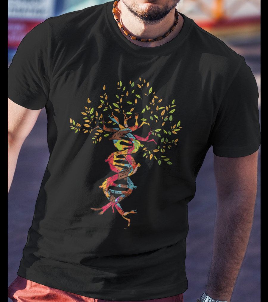 Tree Of Life DNA Genetics Spiral With Vibrant Colors And Leaves T-Shirt
