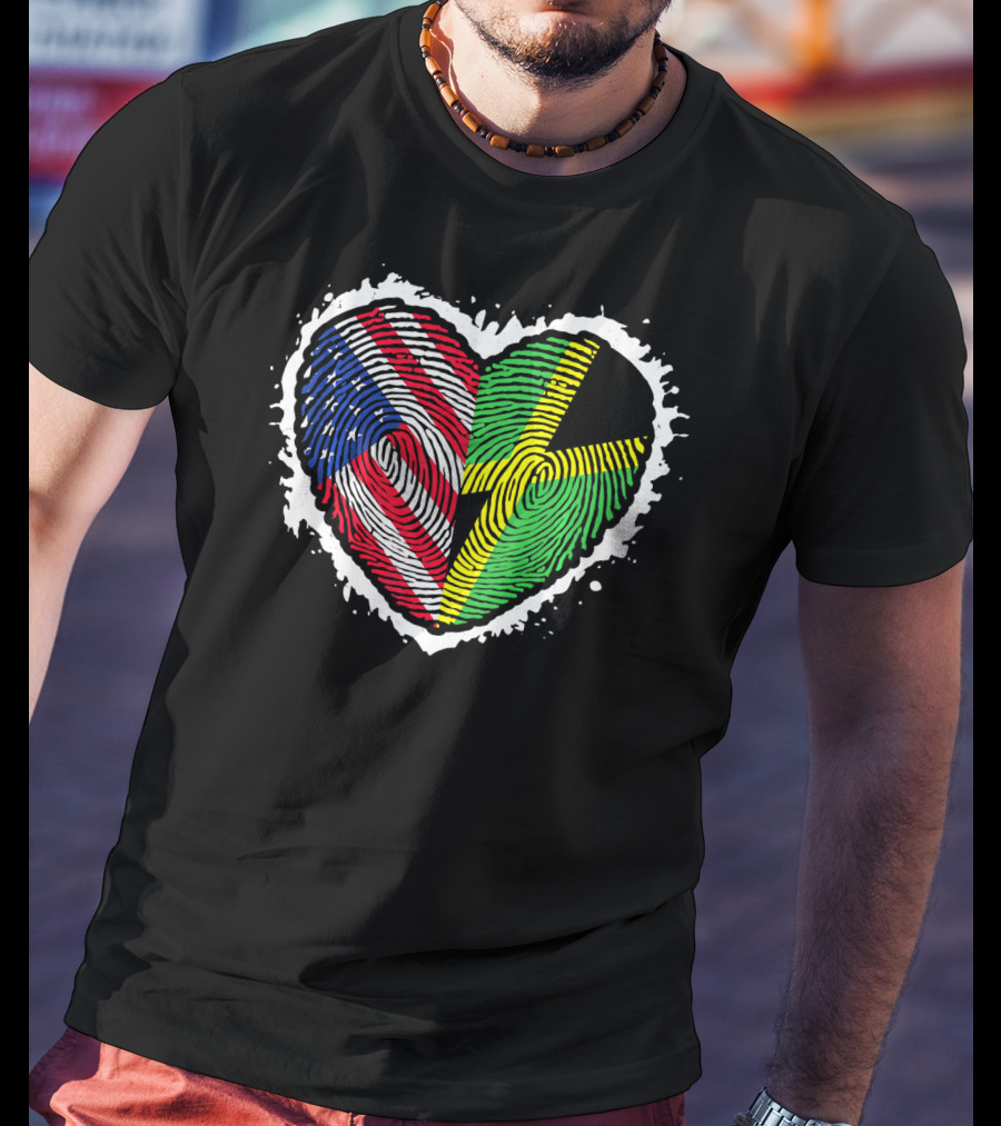 Fingerprint DNA Heart Love Jamaica USA Flag T-Shirt