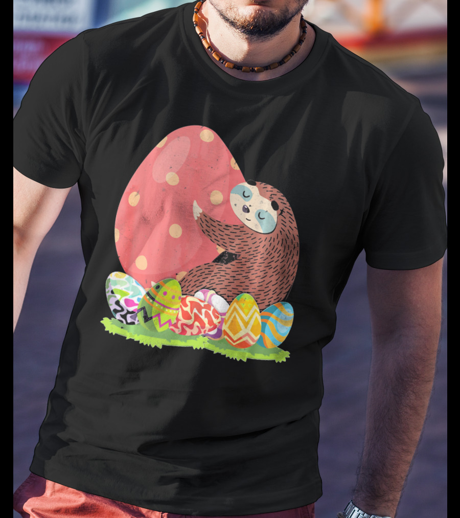 Girls Sloth Easter Women Funny Easter Egg Hug T-Shirt