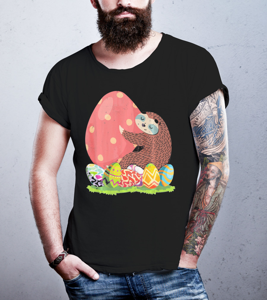 Girls Sloth Easter Women Funny Easter Egg Hug T-Shirt