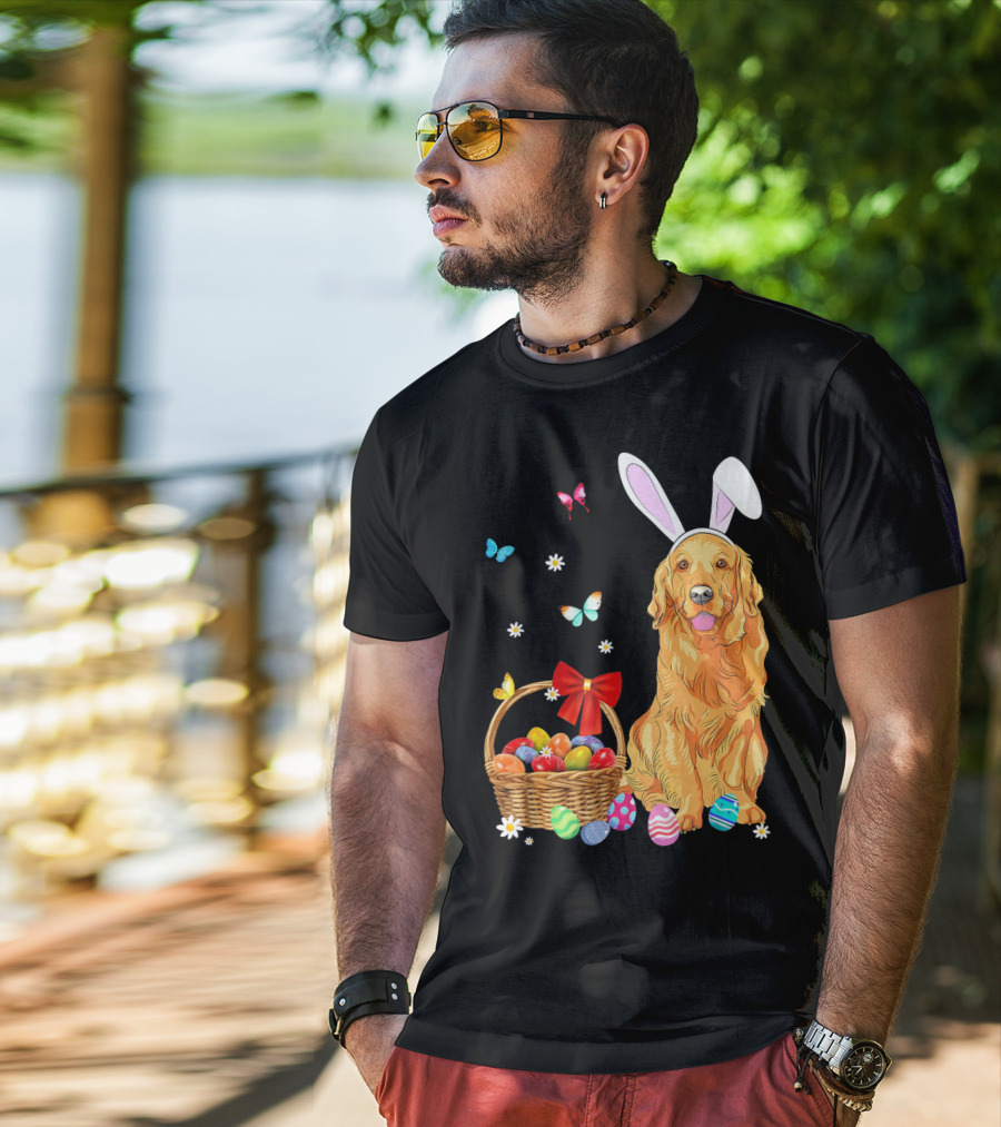 Golden Retriever Bunny Ears Easter Eggs Basket Butterflies T-Shirt