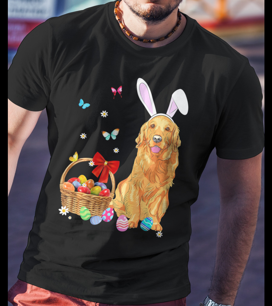 Golden Retriever Bunny Ears Easter Eggs Basket Butterflies T-Shirt