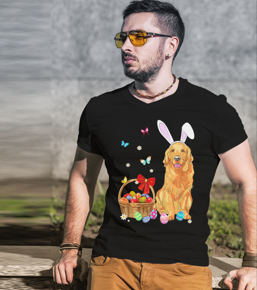Golden Retriever Bunny Ears Easter Eggs Basket Butterflies T-Shirt