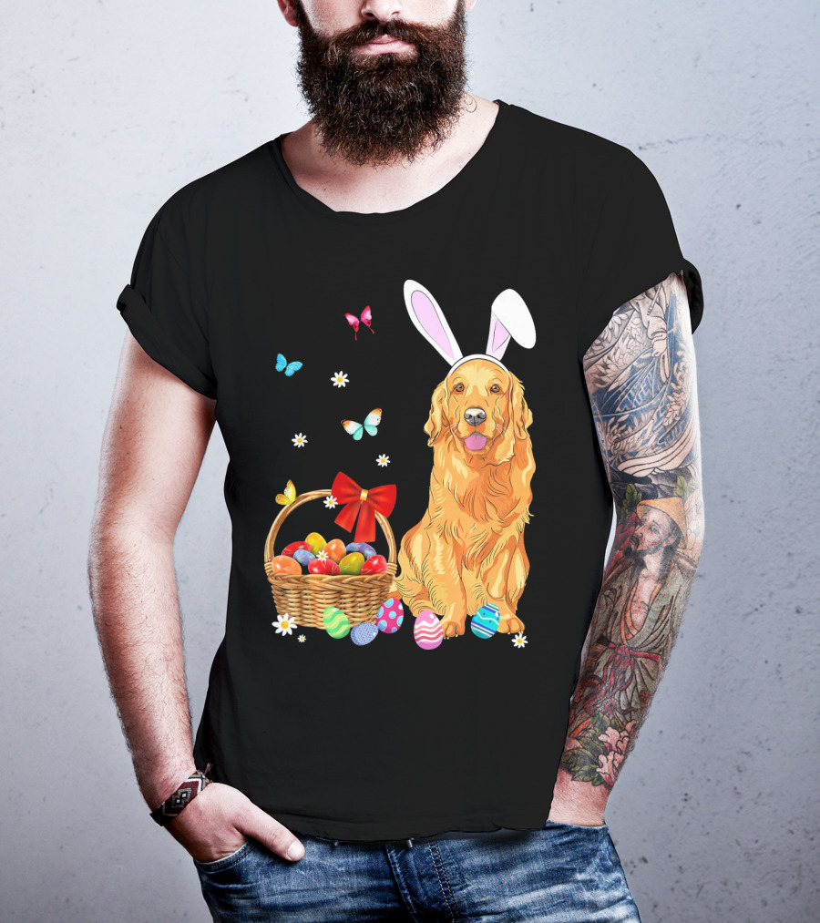 Golden Retriever Bunny Ears Easter Eggs Basket Butterflies T-Shirt