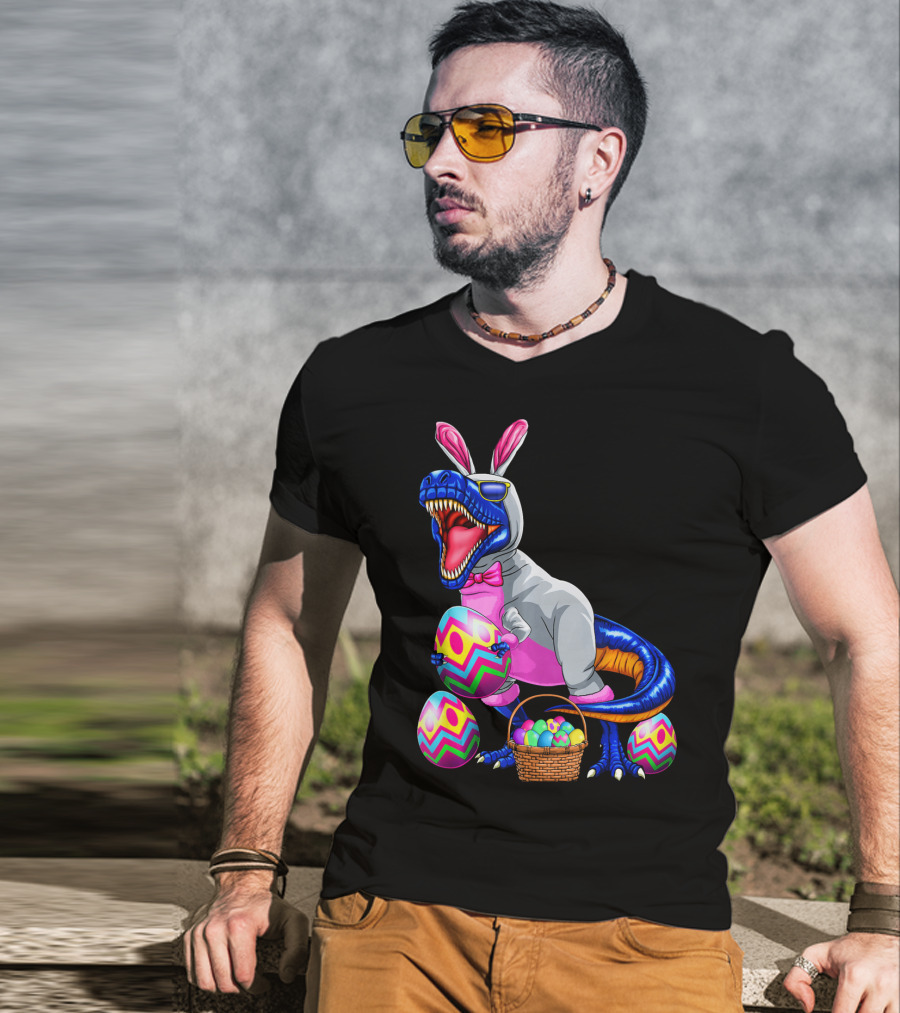 Easter Bunny T-Rex Dinosaur With Colorful Eggs T-Shirt