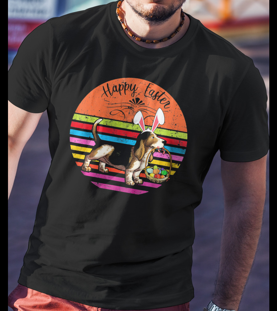 Vintage Basset Hound Dog Happy Easter Eggs T-Shirt