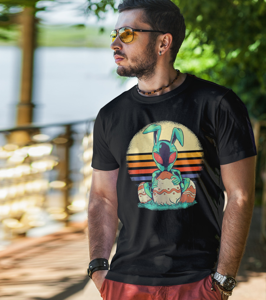 Easter Alien With Bunny Ears Holding Egg Sunset Stripes T-Shirt