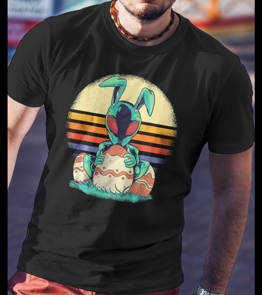 Easter Alien With Bunny Ears Holding Egg Sunset Stripes T-Shirt