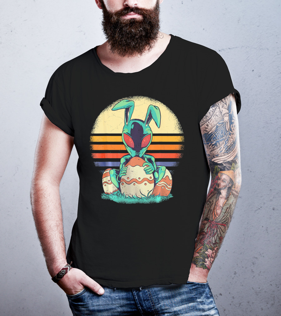 Easter Alien With Bunny Ears Holding Egg Sunset Stripes T-Shirt