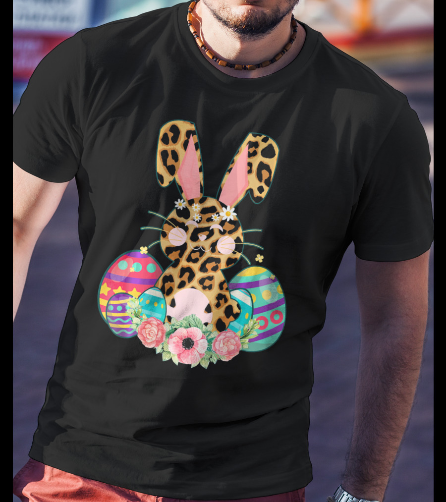 Bunny Leopard Print Floral Cute Easter Eggs T-Shirt