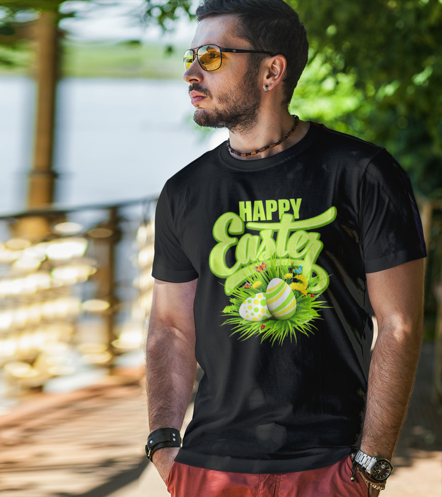 Happy Easter Eggs Green Spring Flowers Butterflies T-Shirt