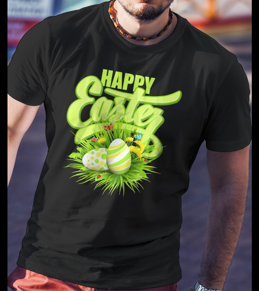 Happy Easter Eggs Green Spring Flowers Butterflies T-Shirt