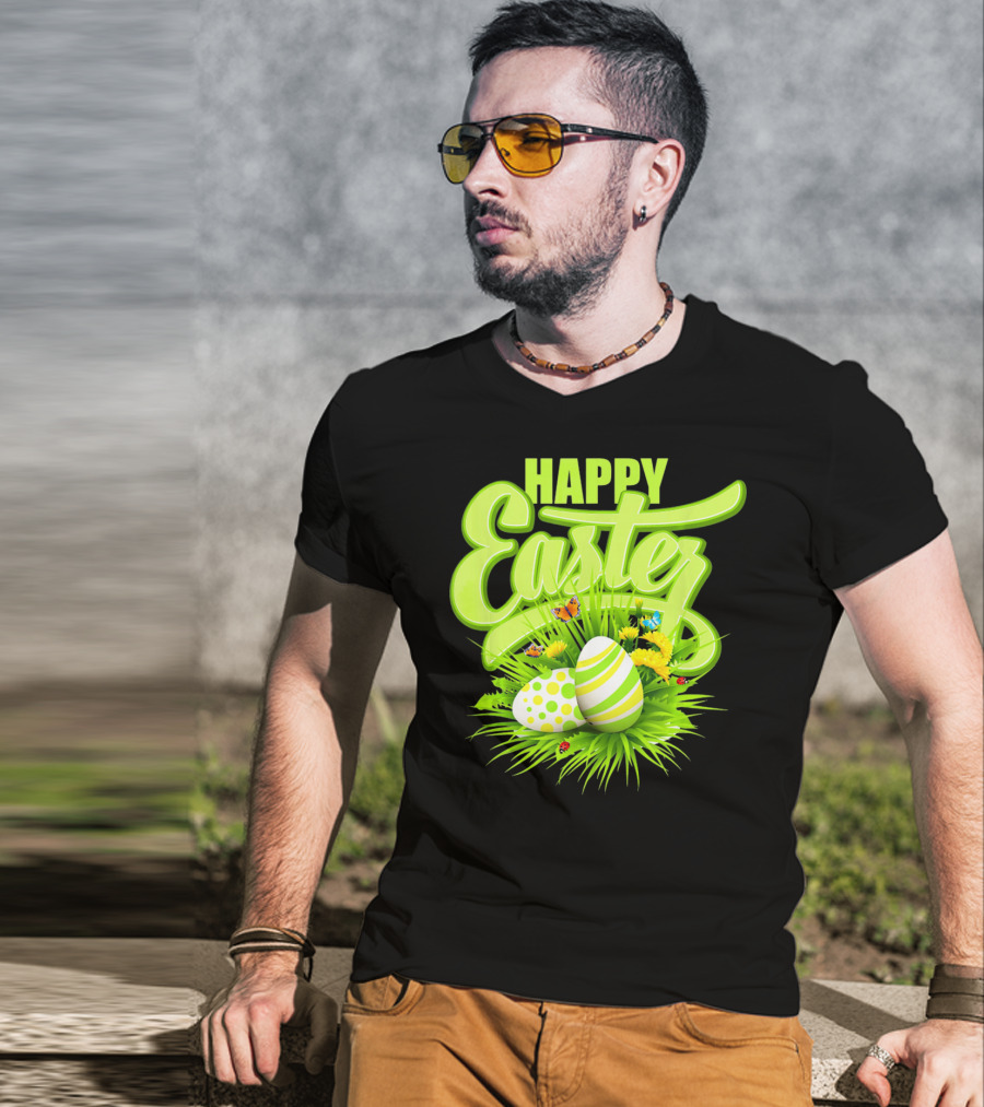 Happy Easter Eggs Green Spring Flowers Butterflies T-Shirt