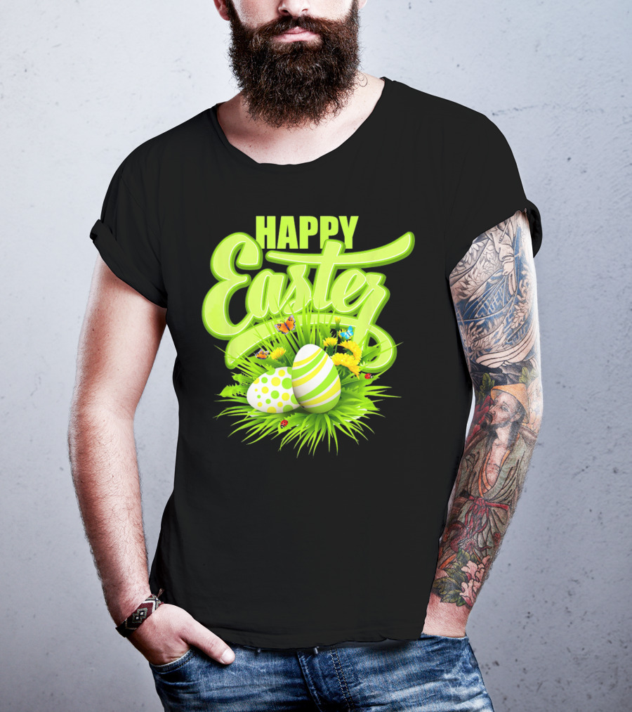 Happy Easter Eggs Green Spring Flowers Butterflies T-Shirt