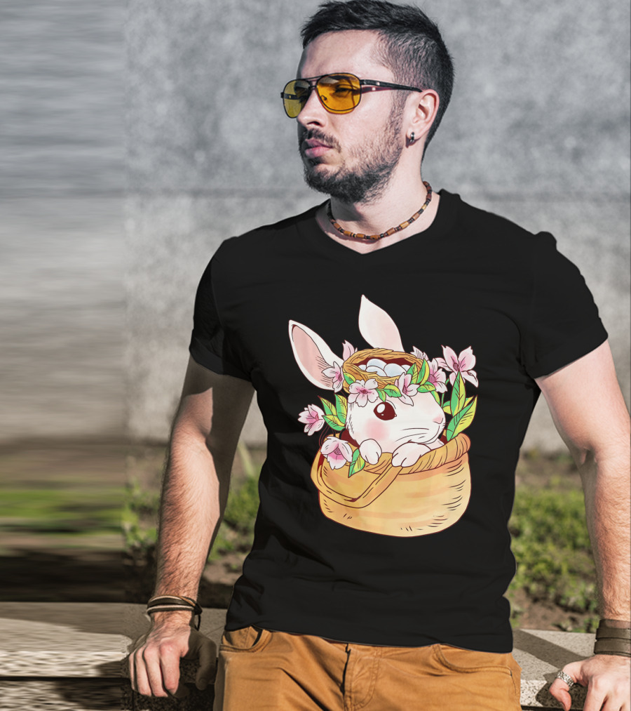 Cute Easter Bunny Girl Floral Basket T-Shirt