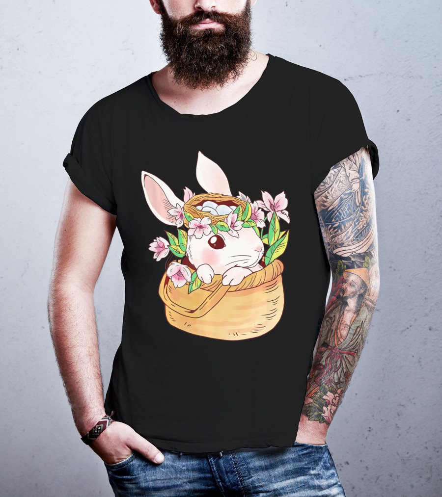 Cute Easter Bunny Girl Floral Basket T-Shirt