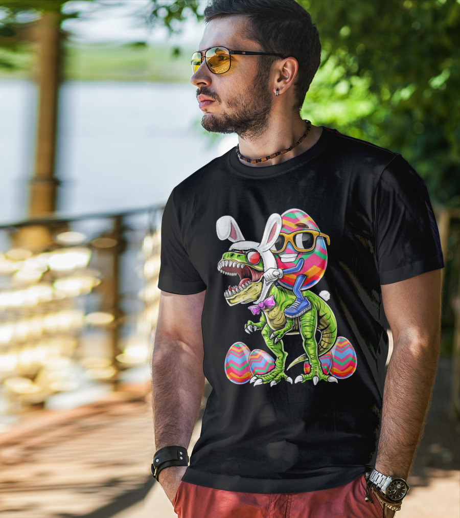 Easter Bunny Dinosaur With Egg Rabbit Ears And Sunglasses T-Shirt