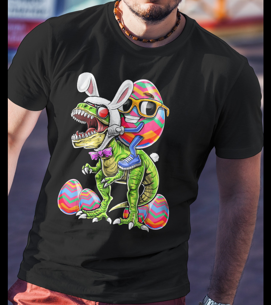 Easter Bunny Dinosaur With Egg Rabbit Ears And Sunglasses T-Shirt