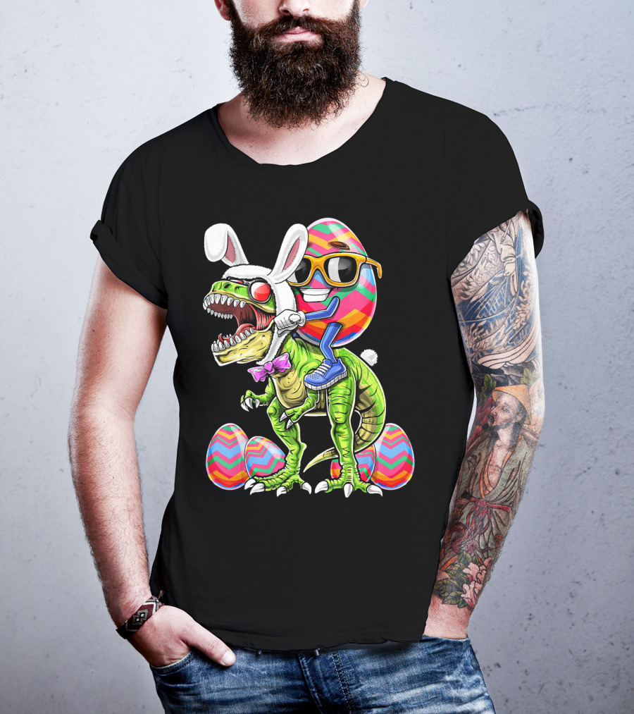 Easter Bunny Dinosaur With Egg Rabbit Ears And Sunglasses T-Shirt