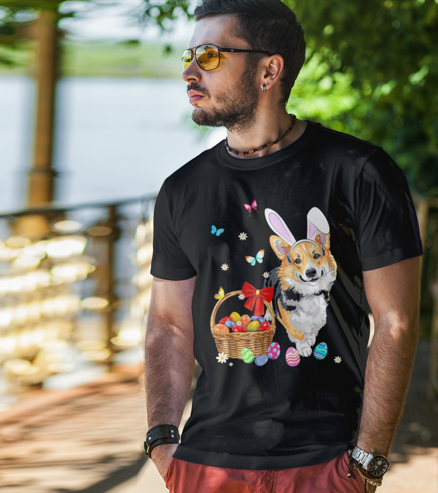 Welsh Corgi Bunny Ear Rabbit Easter Eggs Basket Butterflies T-Shirt