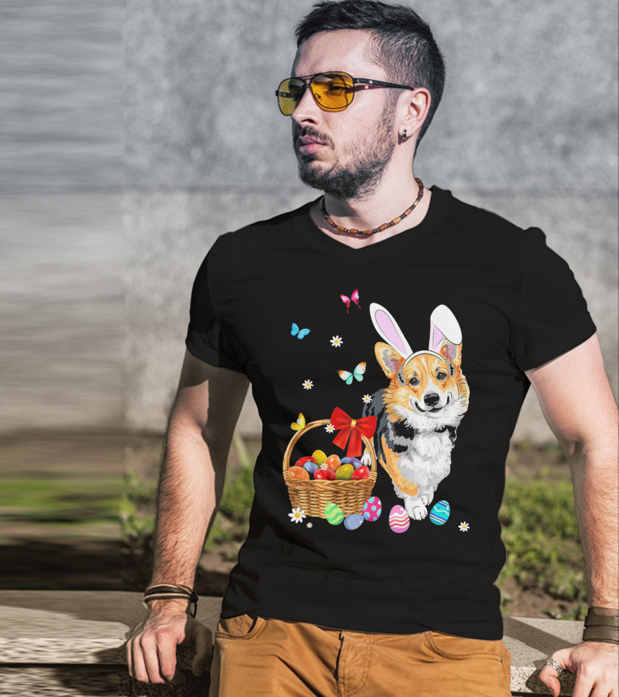 Welsh Corgi Bunny Ear Rabbit Easter Eggs Basket Butterflies T-Shirt